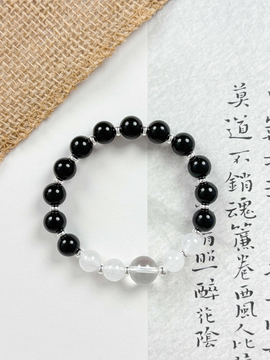 Obsidian & Clear Quartz Bracelet – Protection, Emotional Healing｜Metal Element｜Moondora