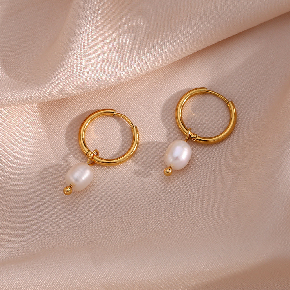 Stainless Steel Pearl Hoop Earrings