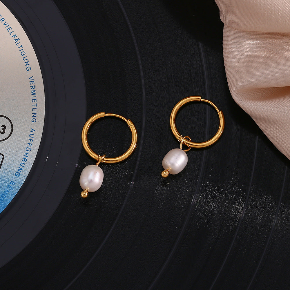 Stainless Steel Pearl Hoop Earrings