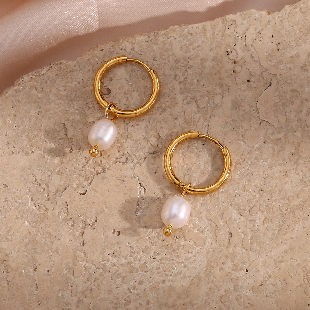 Stainless Steel Pearl Hoop Earrings