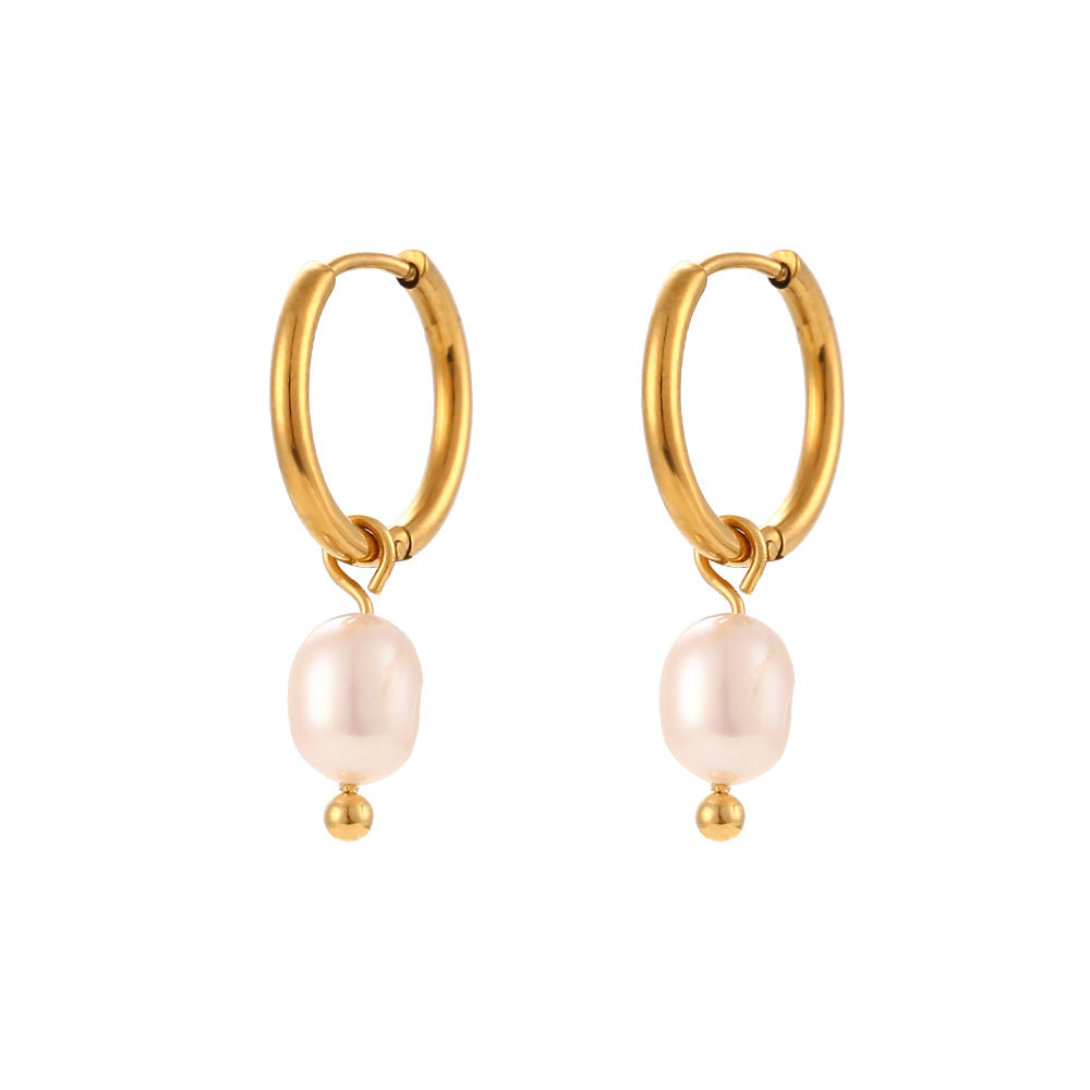 Stainless Steel Pearl Hoop Earrings