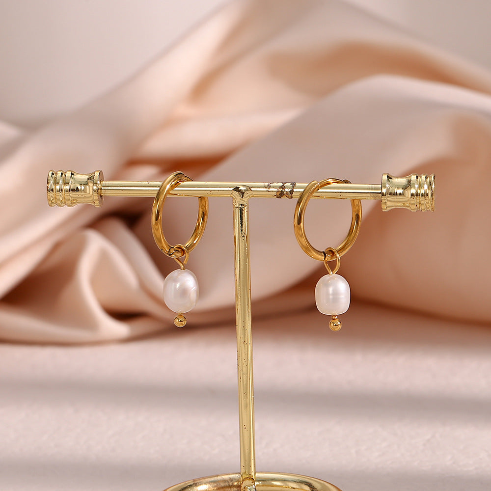 Stainless Steel Pearl Hoop Earrings