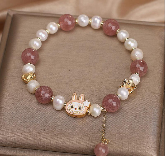 Labubu Bracelet With Strawberry Quartz & Pearls – Love & Attraction | Handmade