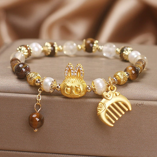 Labubu Bracelet With Tiger’s Eye & Pearls – Courage & Grace｜Handmade Jewelry
