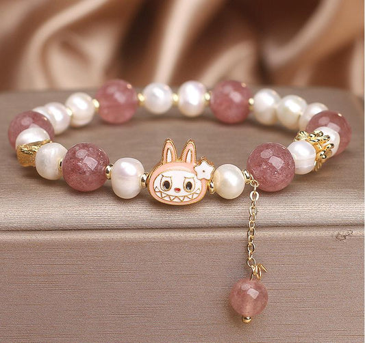 Labubu Bracelet With Strawberry Quartz & Pearls – Love & Attraction | Handmade