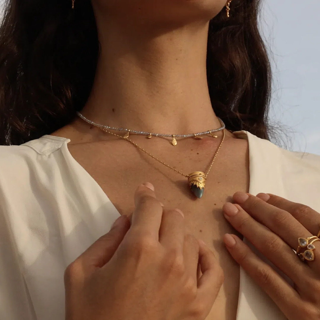 Guiding Spirit Labradorite and White Topaz Lotus Locket Necklace