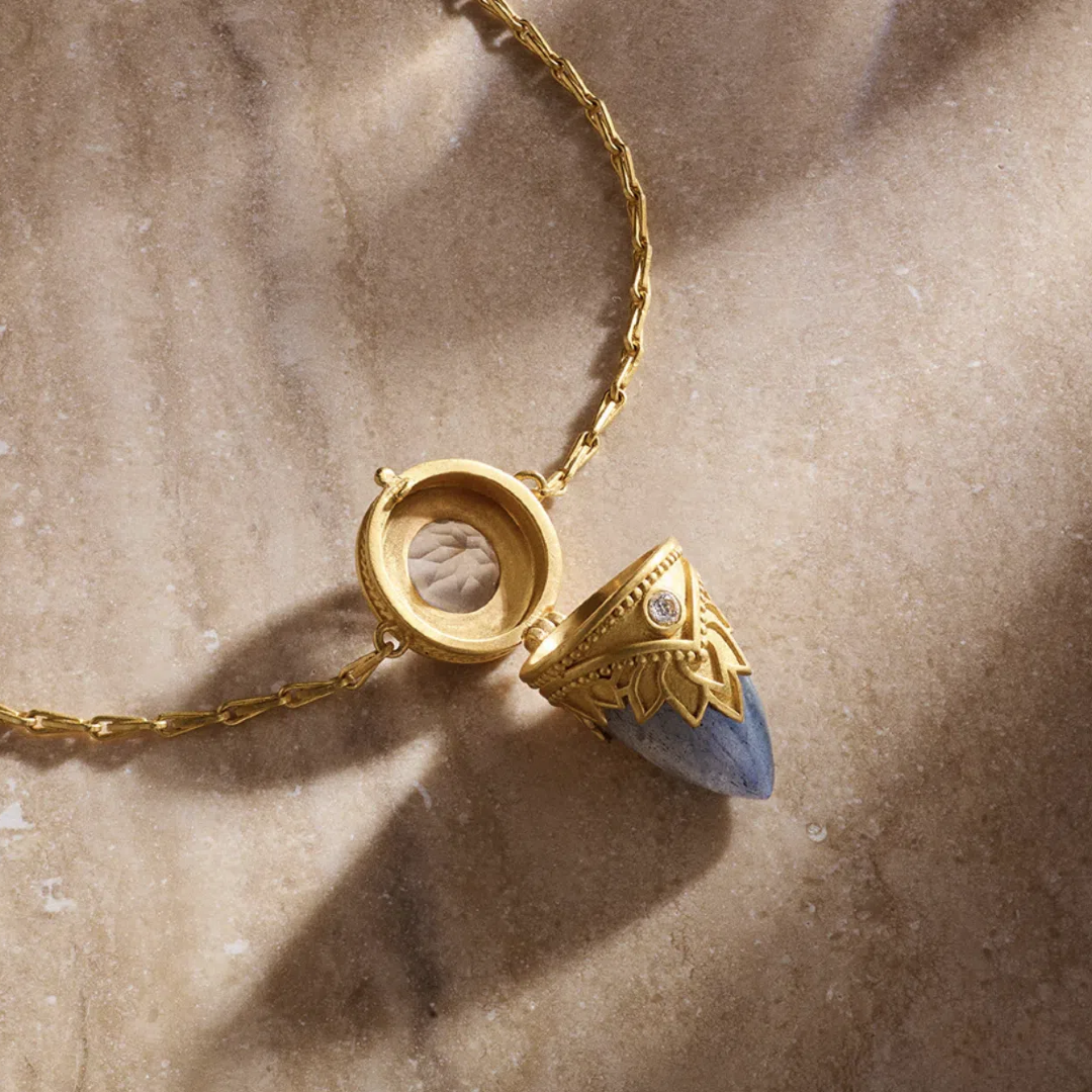 Guiding Spirit Labradorite and White Topaz Lotus Locket Necklace