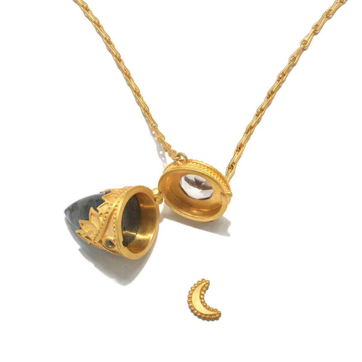 Guiding Spirit Labradorite and White Topaz Lotus Locket Necklace